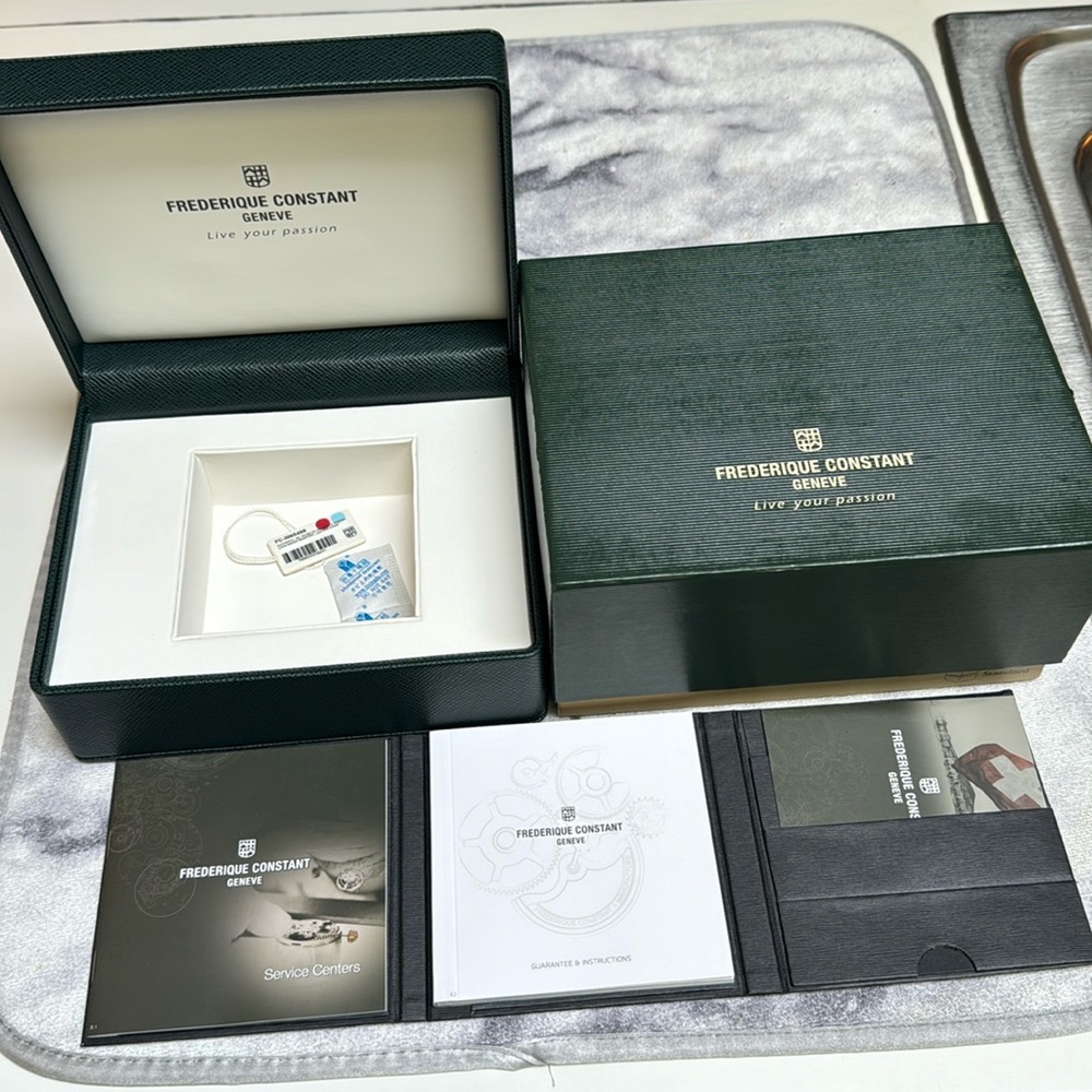 Frederique Constant Slimline automatic watch box, outer box and catalogue
